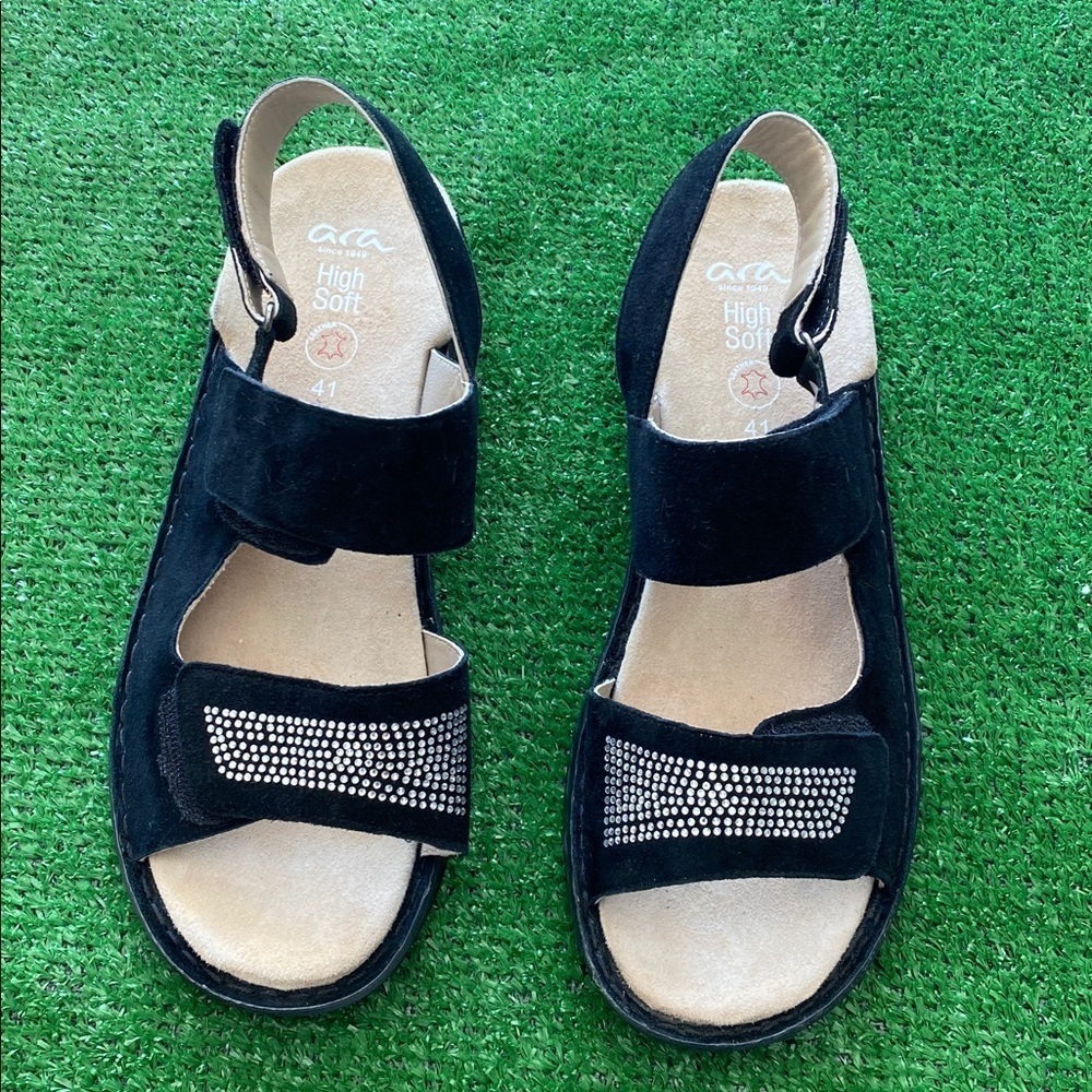 Ara Women’s Suede Leather Wedge Sandals S- 41 Hook & Loop Slingback Comfort Shoe